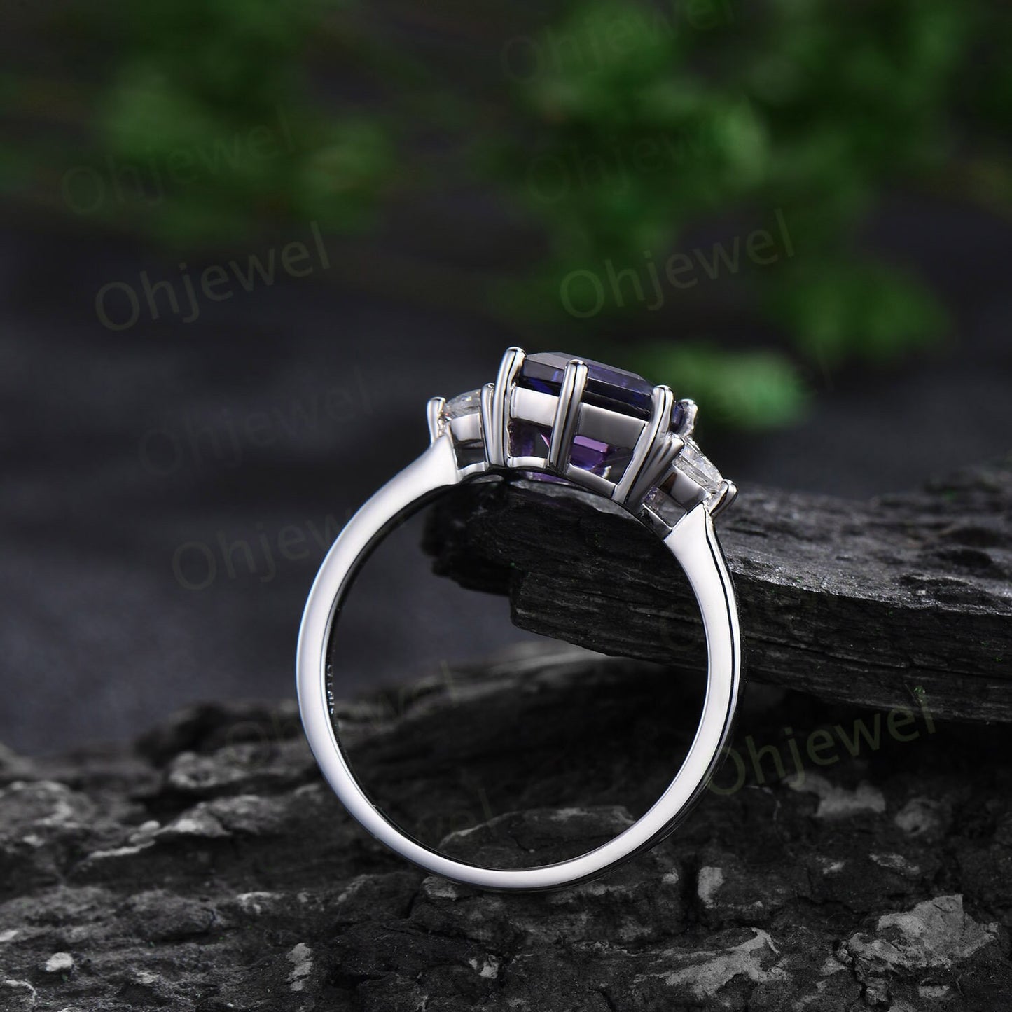 Hexagon cut purple sapphire ring white gold unique three stone engagement ring 6 prong dainty Minimalist wedding anniversary ring women