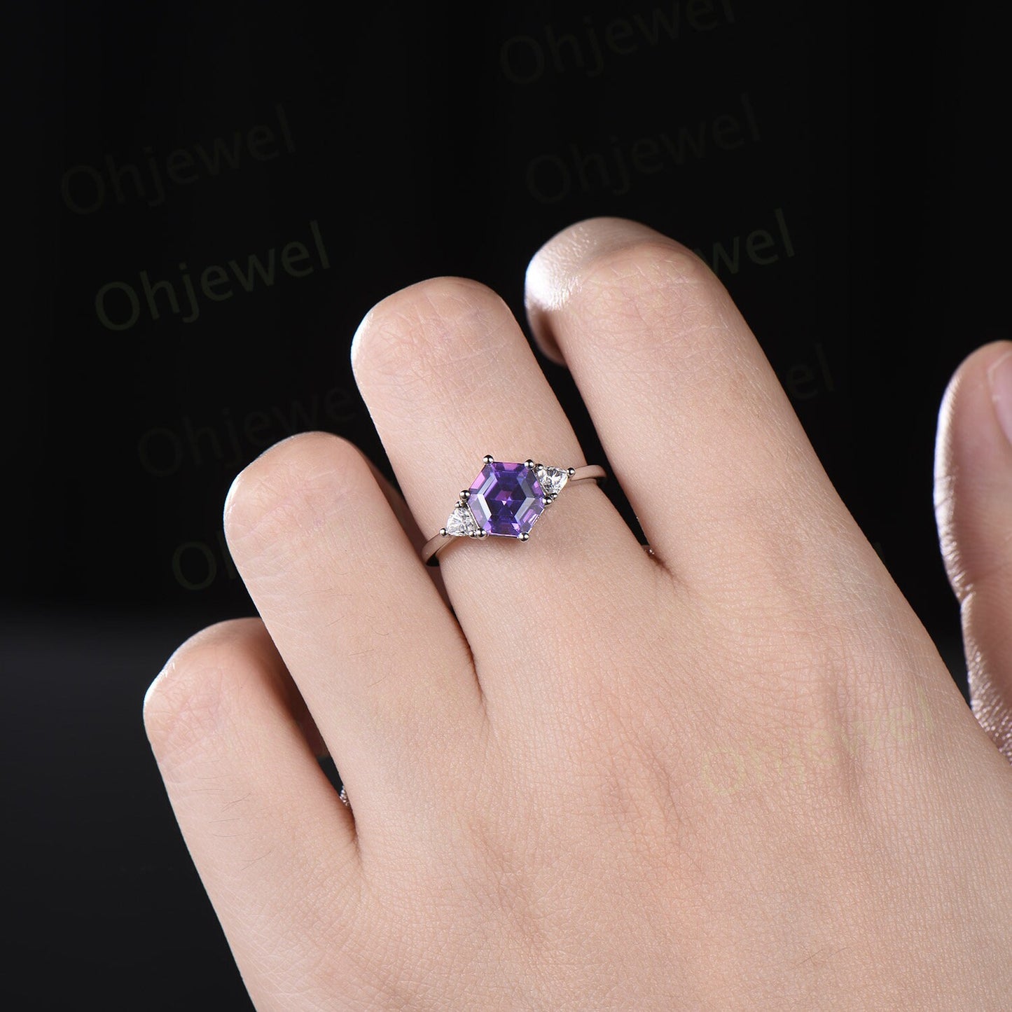 Hexagon cut purple sapphire ring white gold unique three stone engagement ring 6 prong dainty Minimalist wedding anniversary ring women