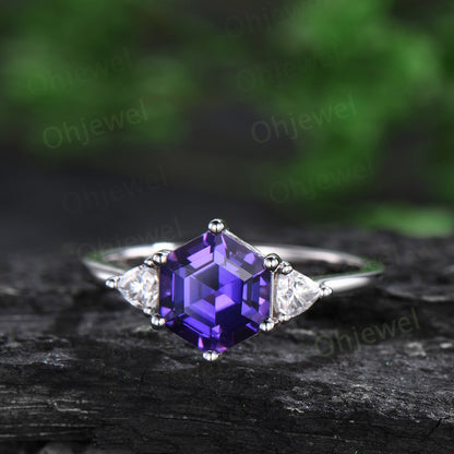 Hexagon cut purple sapphire ring white gold unique three stone engagement ring 6 prong dainty Minimalist wedding anniversary ring women