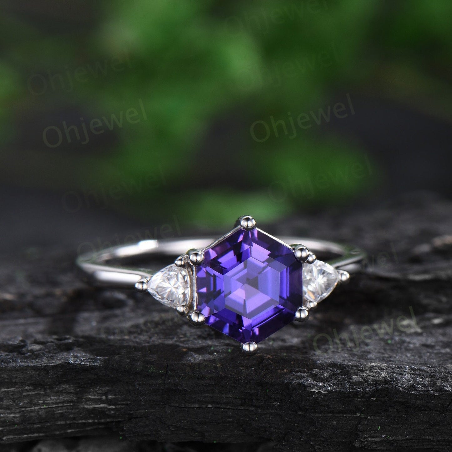 Hexagon cut purple sapphire ring white gold unique three stone engagement ring 6 prong dainty Minimalist wedding anniversary ring women