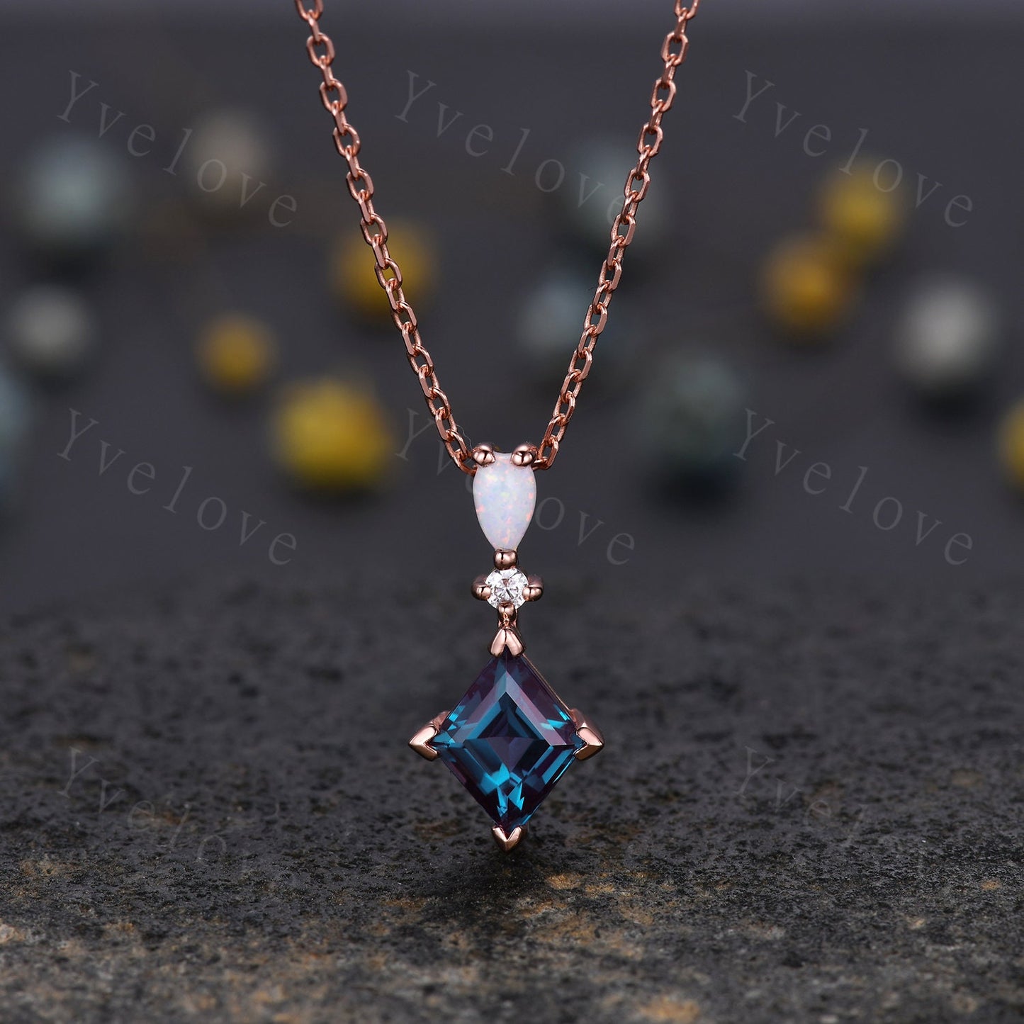 Vintage unique lozenge alexandrite necklace solid 14k rose gold opal diamond personalized pendant for women anniversary bridal gift for her