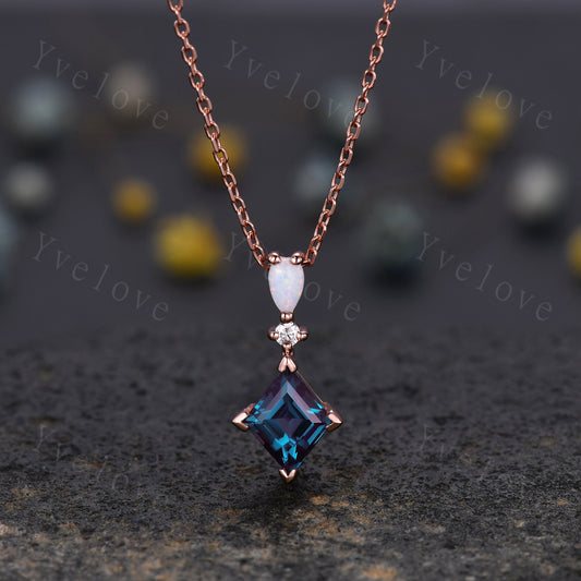 Vintage unique lozenge alexandrite necklace solid 14k rose gold opal diamond personalized pendant for women anniversary bridal gift for her