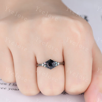 3 Set Unique Hexagon Black Rutilate Quartz Engagement Ring,White Opal Black Diamond Ring,Black Wedding Band,Vintage Gift Bridal Promise Ring