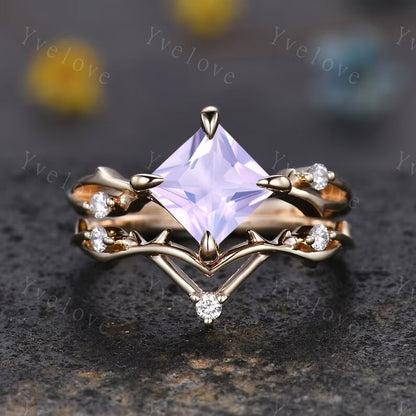 Vintage Princess Cut Lavender Amethyst Engagement Ring Set,Twisted Ring,Leaf Vines Diamond Bridal Set,Dainty Twig Diamond Ring Gift For her