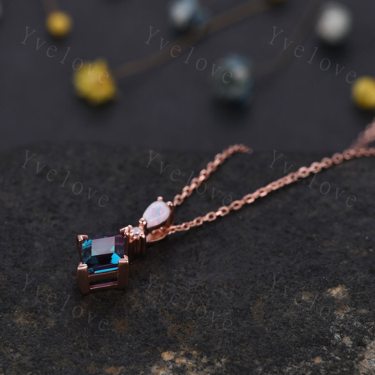 Vintage unique lozenge alexandrite necklace solid 14k rose gold opal diamond personalized pendant for women anniversary bridal gift for her