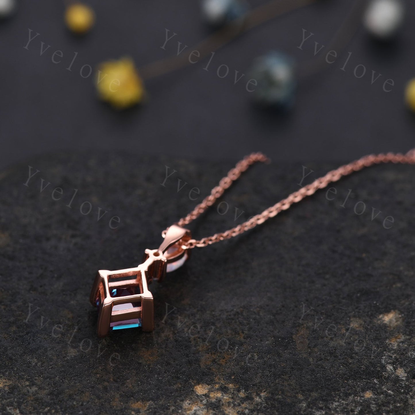 Vintage unique lozenge alexandrite necklace solid 14k rose gold opal diamond personalized pendant for women anniversary bridal gift for her