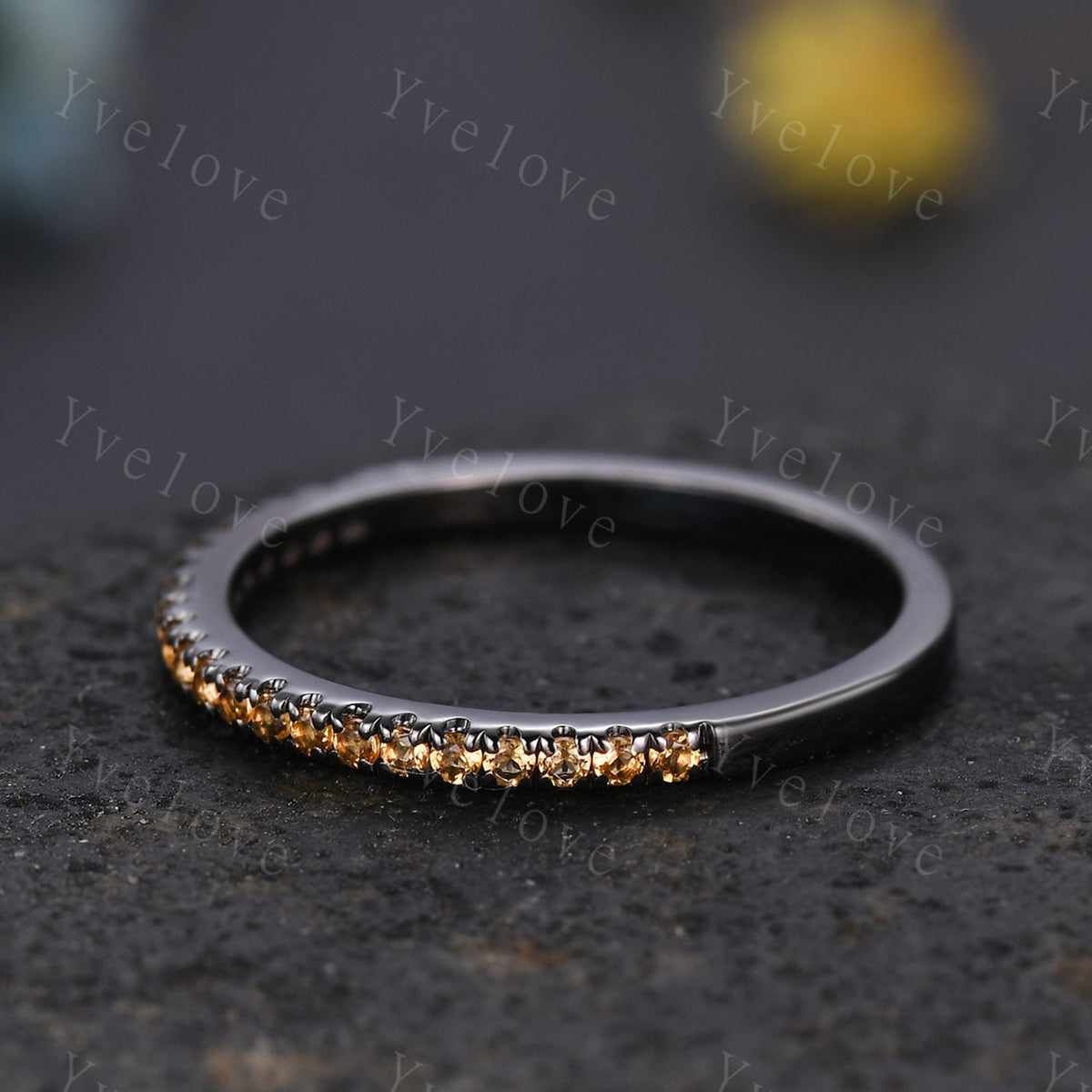 Danity citrine wedding ring,black gold half eternity wedding band,citrine stacking ring anniversary gift for women