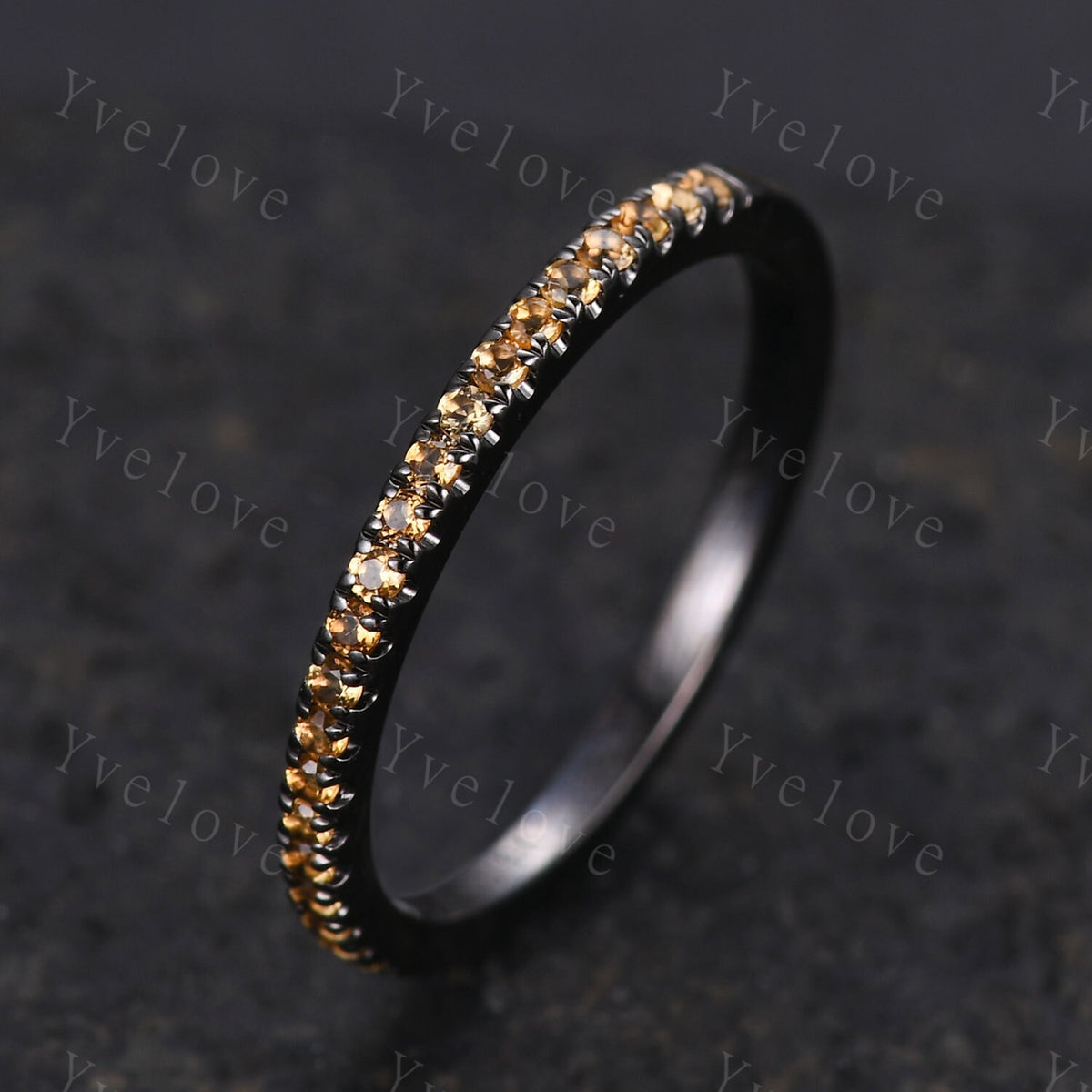Danity citrine wedding ring,black gold half eternity wedding band,citrine stacking ring anniversary gift for women