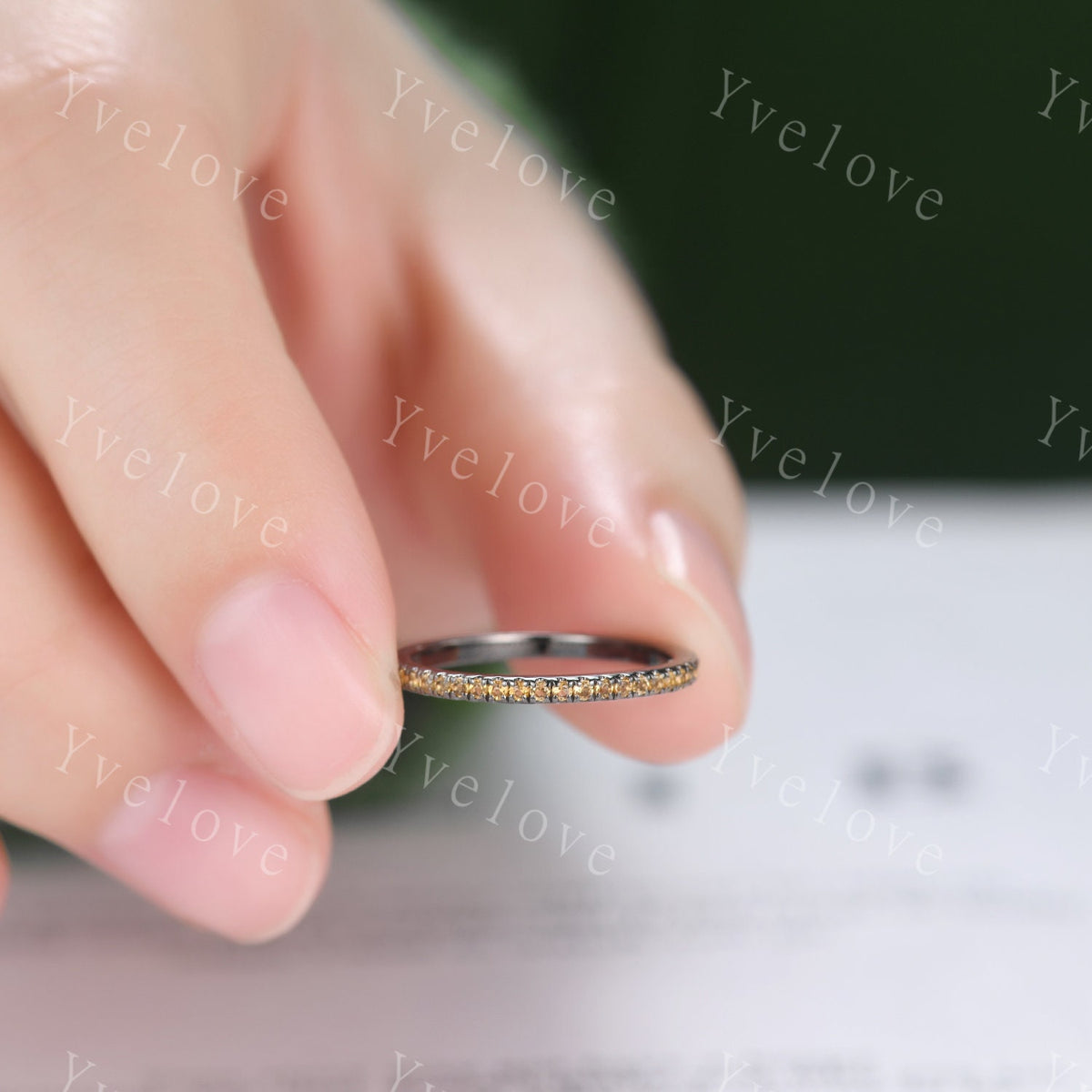 Danity citrine wedding ring,black gold half eternity wedding band,citrine stacking ring anniversary gift for women