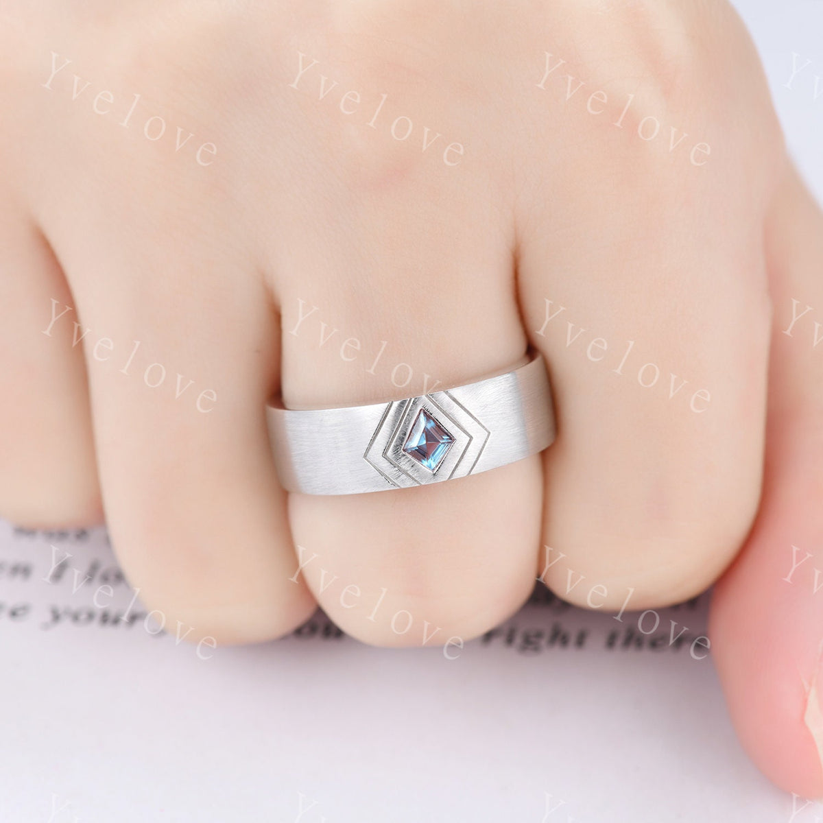 7mm Mens Kite Shaped Alexandrite Wedding Band Alexandrite Engagement Ring Satin Finish Band 14K Rose Gold Mens Stacking Band His Wedding band