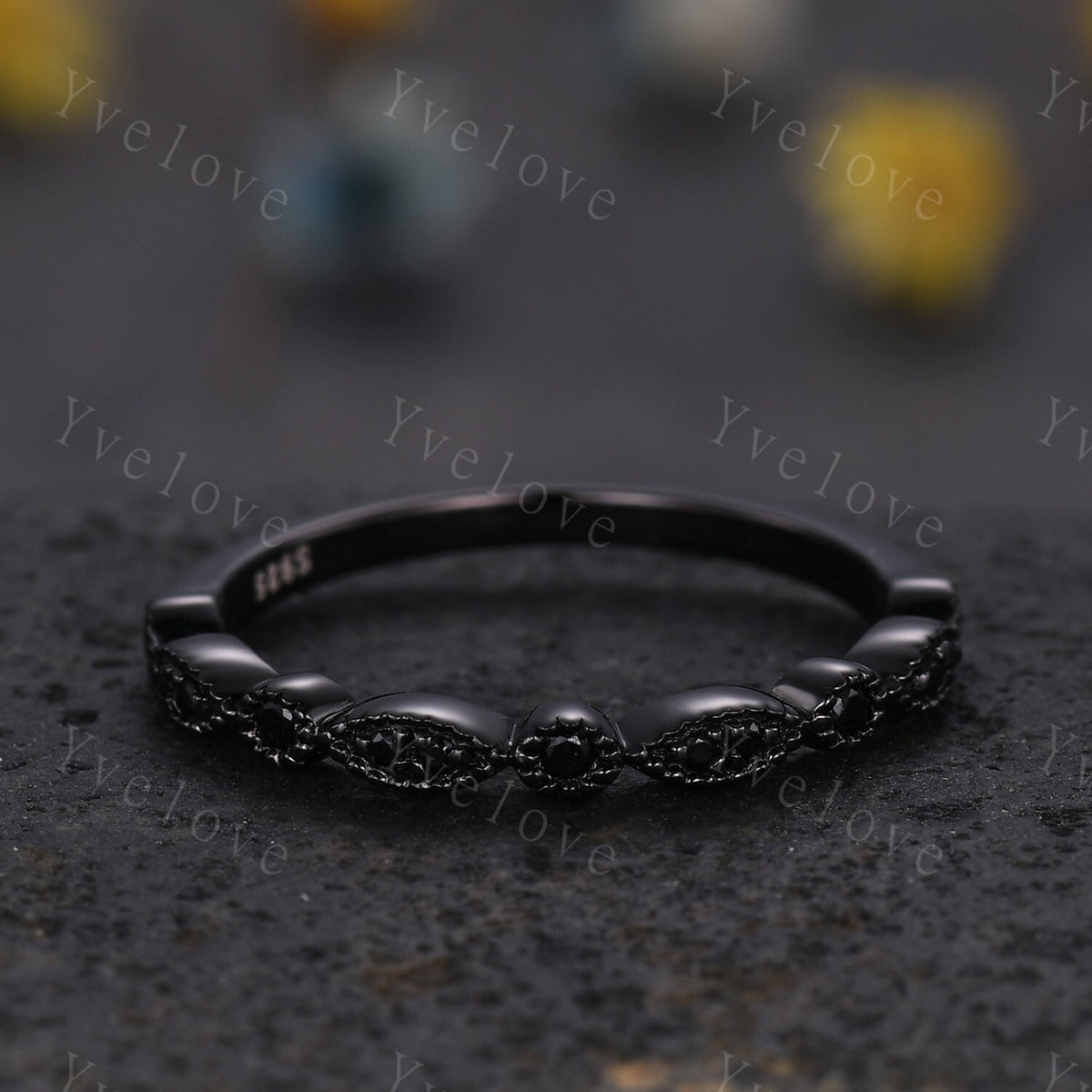 Black diamond wedding band half eternity ring Black spinel engagement ring silver black stacking matching band Milgrain set art deco ring