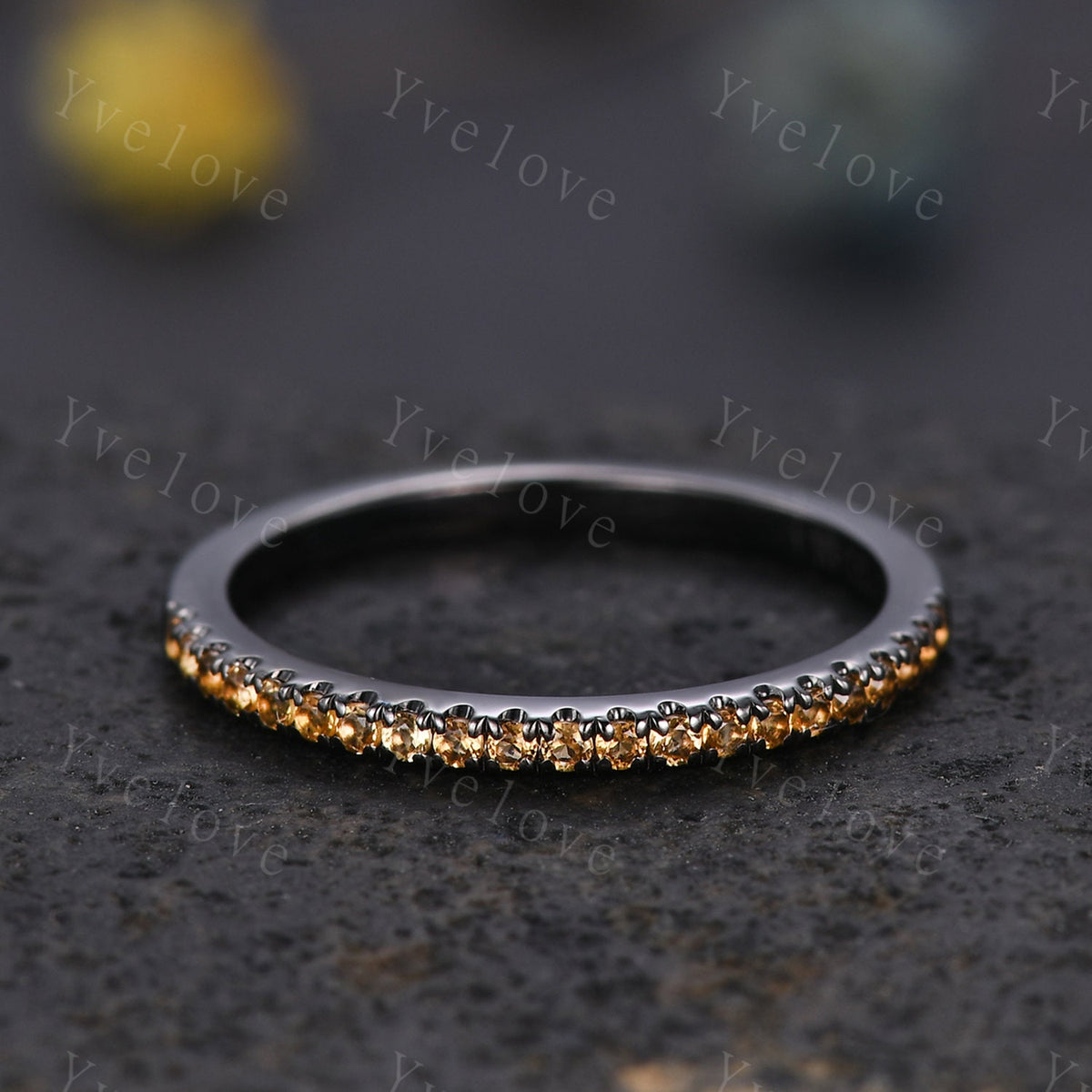 Danity citrine wedding ring,black gold half eternity wedding band,citrine stacking ring anniversary gift for women