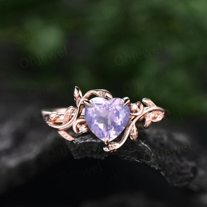 Vintage heart shaped Lavender Amethyst engagement ring solid 14k rose gold three stone leaf moon diamond bridal wedding ring women gift