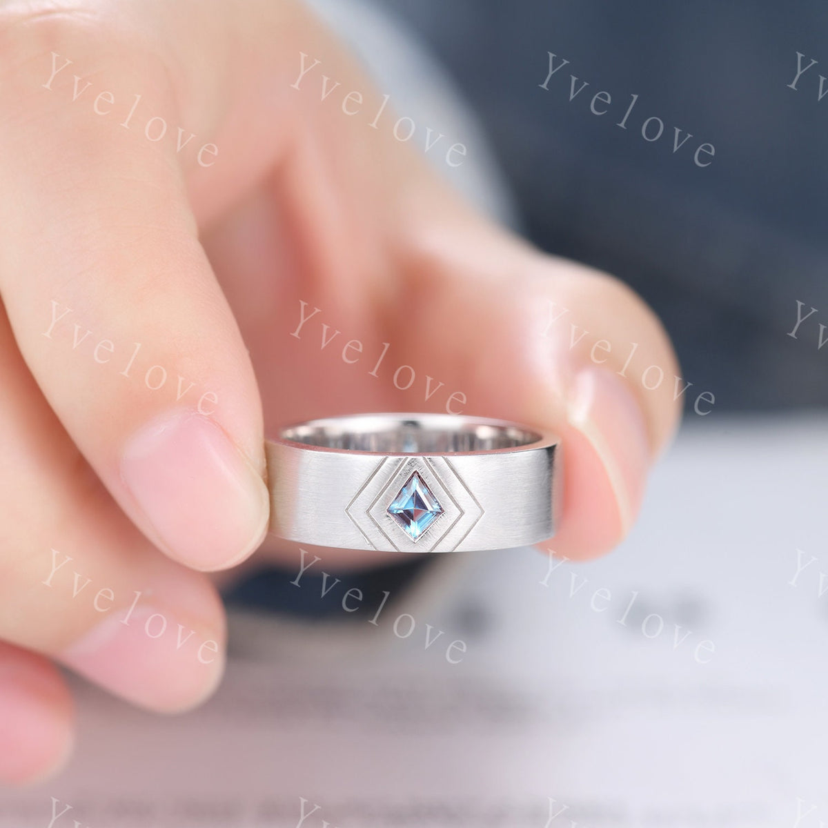 7mm Mens Kite Shaped Alexandrite Wedding Band Alexandrite Engagement Ring Satin Finish Band 14K Rose Gold Mens Stacking Band His Wedding band