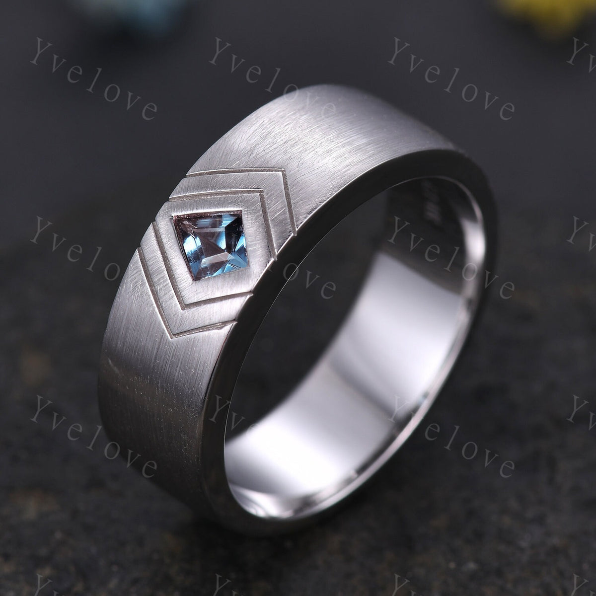 7mm Mens Kite Shaped Alexandrite Wedding Band Alexandrite Engagement Ring Satin Finish Band 14K Rose Gold Mens Stacking Band His Wedding band