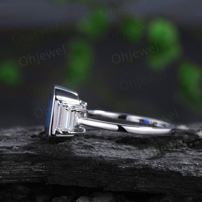 Emerald cut blue sapphire engagement ring white gold Minimalist bezel five stone baguette cut moissanite promise wedding ring women jewelry