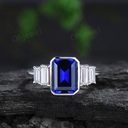 Emerald cut blue sapphire engagement ring white gold Minimalist bezel five stone baguette cut moissanite promise wedding ring women jewelry