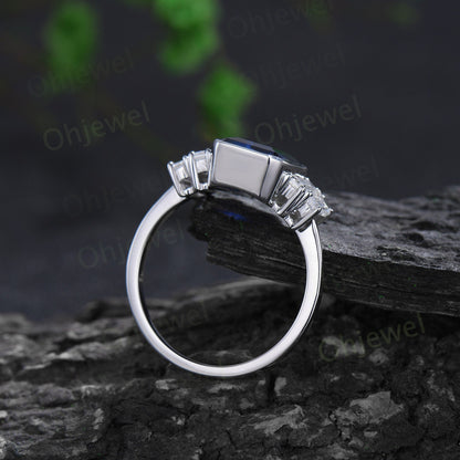 Emerald cut blue sapphire engagement ring white gold Minimalist bezel five stone baguette cut moissanite promise wedding ring women jewelry