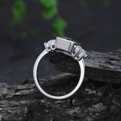 Bezel emerald cut green moss agate engagement ring solid 14k white gold five stone baguette cut moissanite anniversary ring women gift