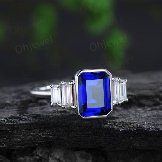 Emerald cut blue sapphire engagement ring white gold Minimalist bezel five stone baguette cut moissanite promise wedding ring women jewelry