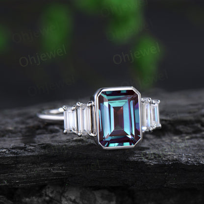 Bezel emerald cut alexandrite engagement ring white gold five stone baguette cut moissanite bridal ring women gift color change gemstone
