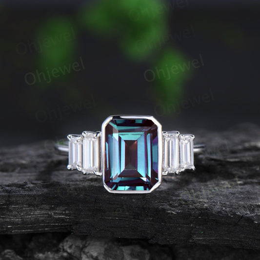 Bezel emerald cut alexandrite engagement ring white gold five stone baguette cut moissanite bridal ring women gift color change gemstone