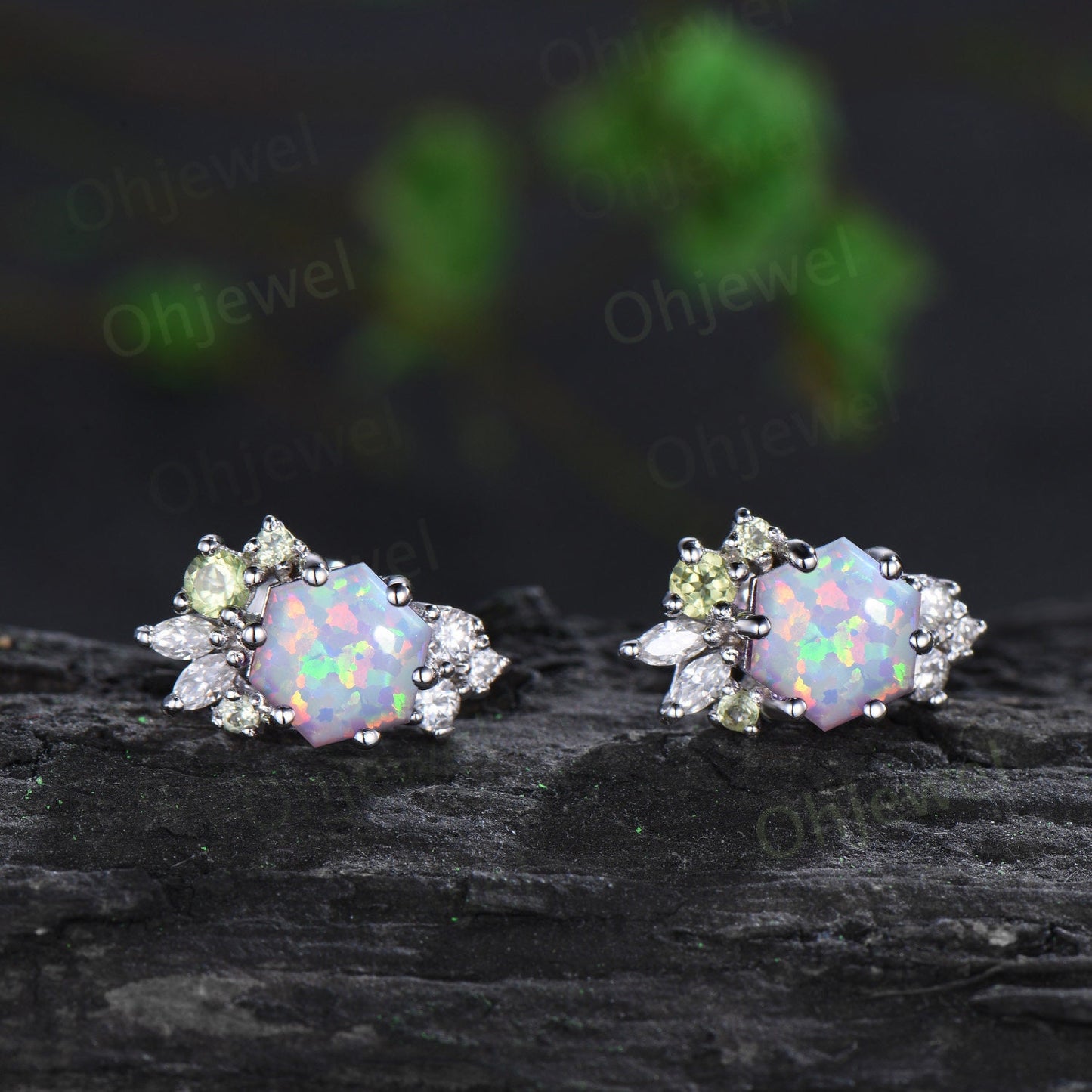 Hexagon opal earrings solid 14k 18k white gold cluster peridot moissanite stud earrings women wedding anniversary gift jewelry