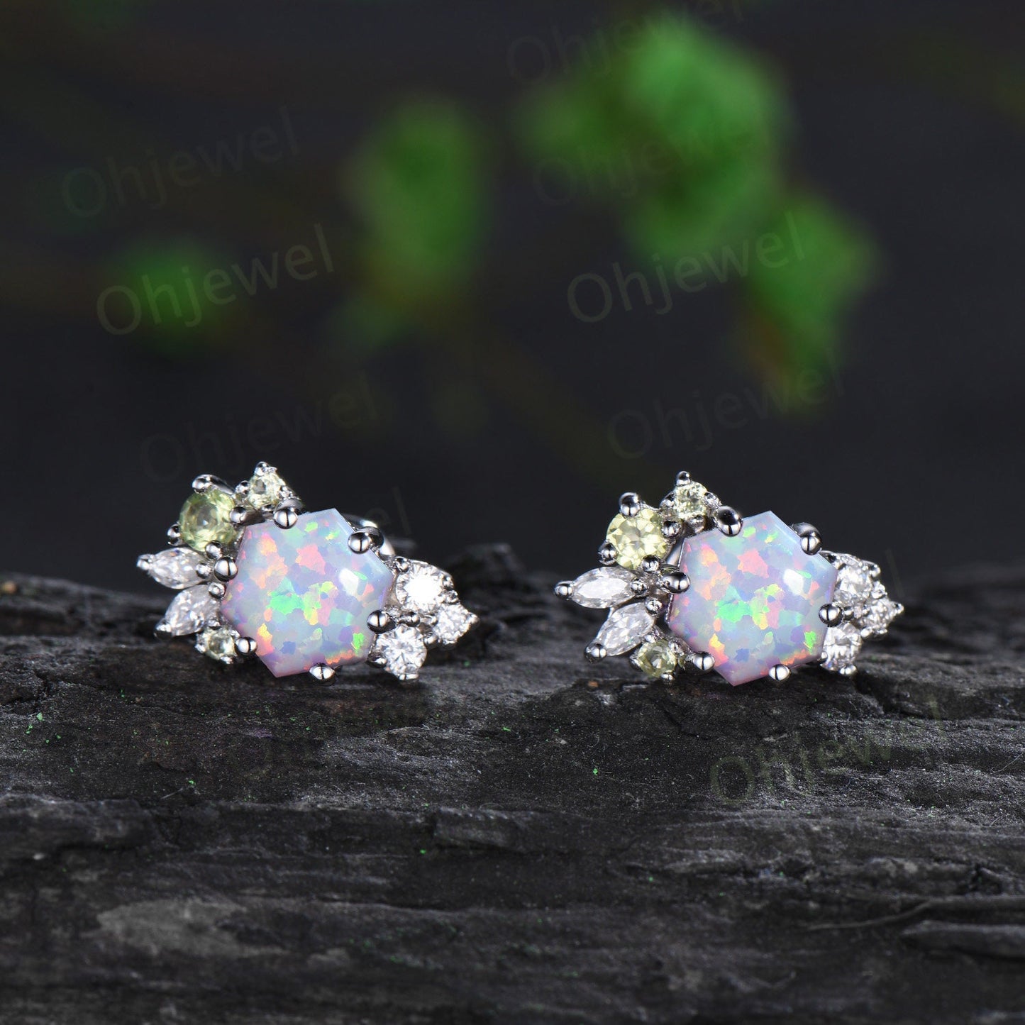 Hexagon opal earrings solid 14k 18k white gold cluster peridot moissanite stud earrings women wedding anniversary gift jewelry