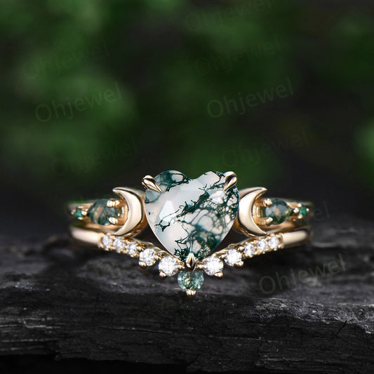 Heart shaped green moss agate engagement ring set solid 14k yellow gold moon five stone emerald anniversary ring women gift