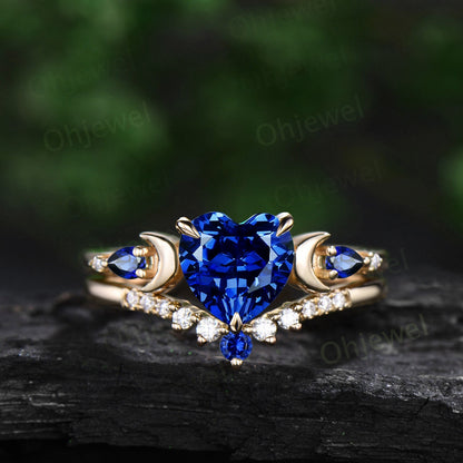 Heart shaped blue sapphire engagement ring set yellow gold five stone moon pear diamond promise wedding bridal ring set women jewelry
