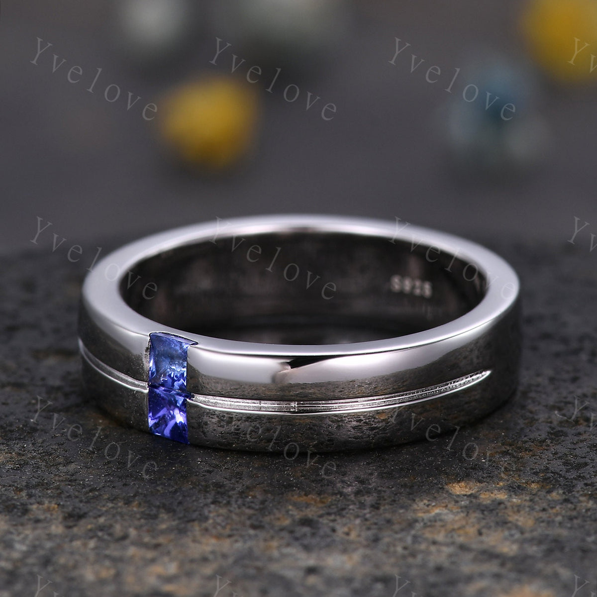 Mens Tanzanite Wedding Band Princess Cut Tanzanite Ring Platinum Ring Mens Solitaire Stacking Matching Band Retro Vintage Ring Gift For Him
