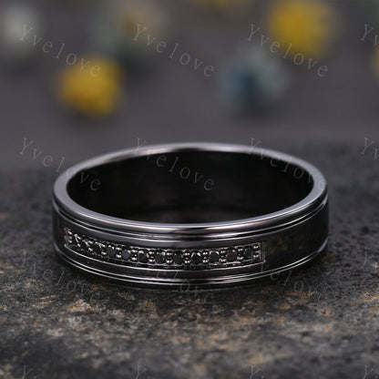 Mens Black Diamond Wedding Band Black Band Diamond channel Set Ring Unisex Stacking Matching Band Retro Vintage Ring Gift For Her or Him