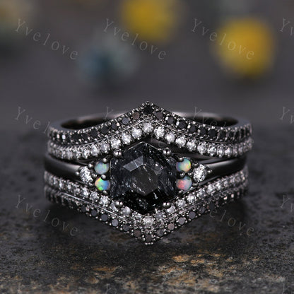 3 Set Unique Hexagon Black Rutilate Quartz Engagement Ring,White Opal Black Diamond Ring,Black Wedding Band,Vintage Gift Bridal Promise Ring