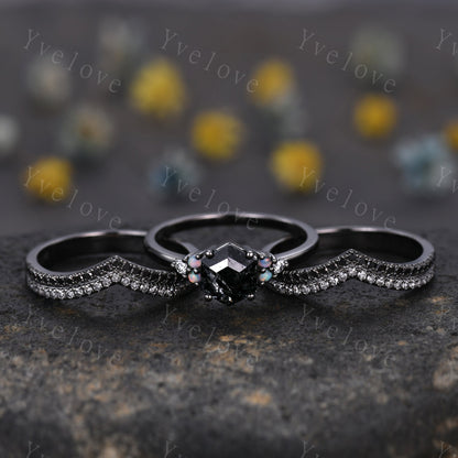 3 Set Unique Hexagon Black Rutilate Quartz Engagement Ring,White Opal Black Diamond Ring,Black Wedding Band,Vintage Gift Bridal Promise Ring