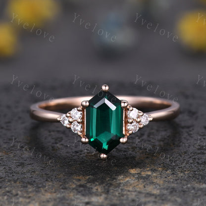 Retro Long hexagon Green Emerald Ring,Vintage 14k 18k Rose Gold Ring,Unique Emerald Engagement Ring,Promise Ring,May Birthday Gift For Her