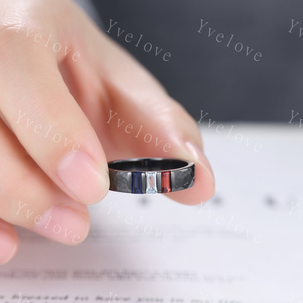 Retro Mens Baguette Cut Aquamarine Garnet Sapphire Wedding Ring 5mm Hammered Band Black Gold Mens Stackable Matching Band Gift For Him
