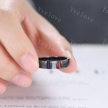 Retro Mens Baguette Cut Aquamarine Garnet Sapphire Wedding Ring 5mm Hammered Band Black Gold Mens Stackable Matching Band Gift For Him
