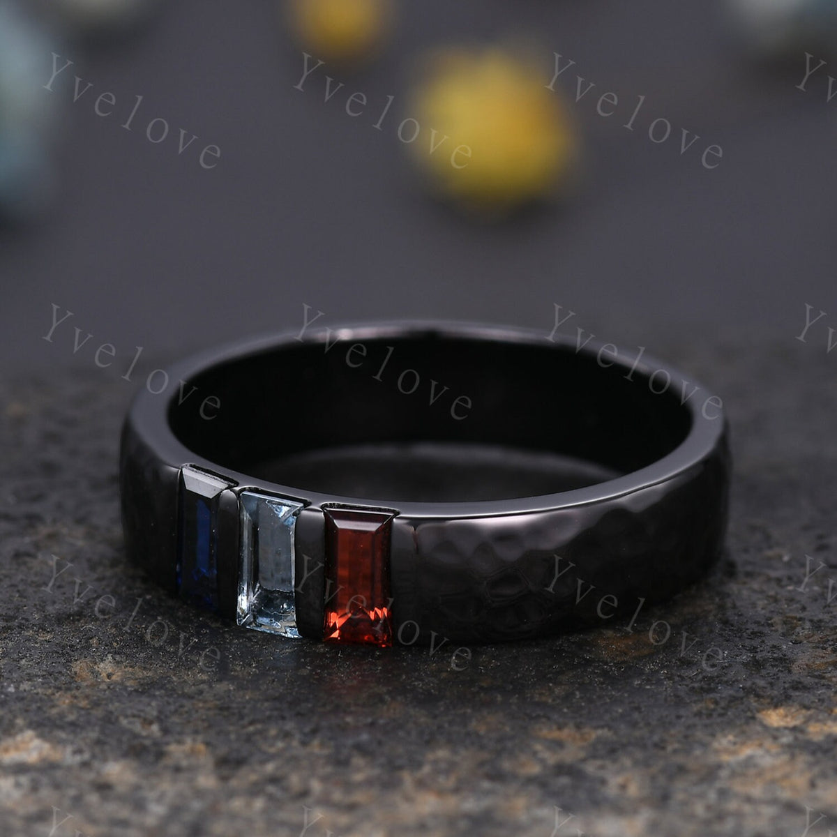 Retro Mens Baguette Cut Aquamarine Garnet Sapphire Wedding Ring 5mm Hammered Band Black Gold Mens Stackable Matching Band Gift For Him