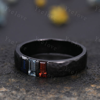 Retro Mens Baguette Cut Aquamarine Garnet Sapphire Wedding Ring 5mm Hammered Band Black Gold Mens Stackable Matching Band Gift For Him