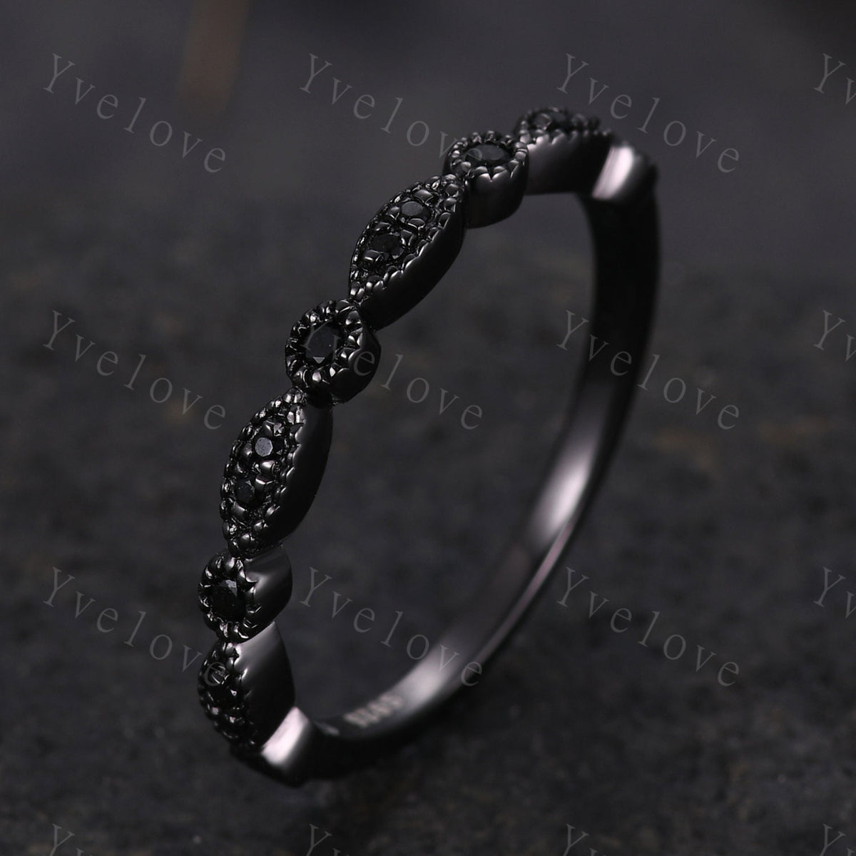 Black diamond wedding band half eternity ring Black spinel engagement ring silver black stacking matching band Milgrain set art deco ring