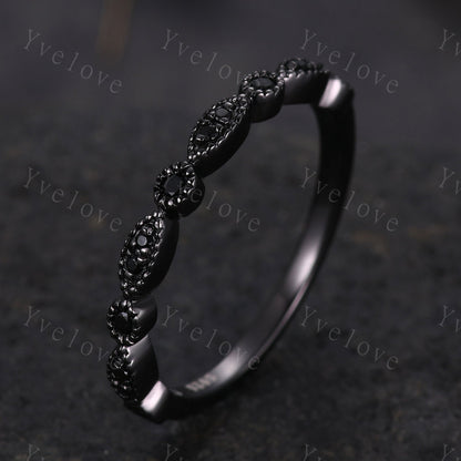 Black diamond wedding band half eternity ring Black spinel engagement ring silver black stacking matching band Milgrain set art deco ring