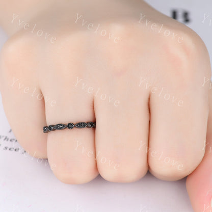 Black diamond wedding band half eternity ring Black spinel engagement ring silver black stacking matching band Milgrain set art deco ring
