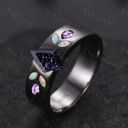 Couple Ring Mens Kite Cut Blue Sandstone Engagement Ring Marquise opal amethyst Wedding Band Black Band Mans Stacking Ring His Wedding band