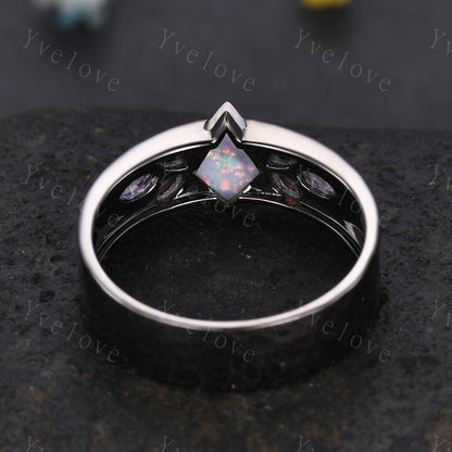 Couple Ring Mens Kite Cut White Opal Engagement Ring Marquise opal amethyst Wedding Band Black Band Mans Stacking Ring His Wedding band