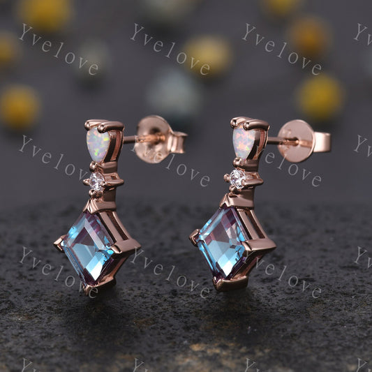 Unique Alexandrite Opal Earrings,Rhombus Cut Gems,Art Deco Diamond Delicate Dainty Drop Earrings,3 Stone Personalized Women Gift for Her