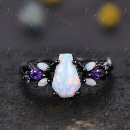 Vintage Coffin White Opal Engagement Ring Set,Black Gold,Vines Amethyst Opal Ring,Women Bridal Set,Unique Twig Anniversary Promise Ring Gift