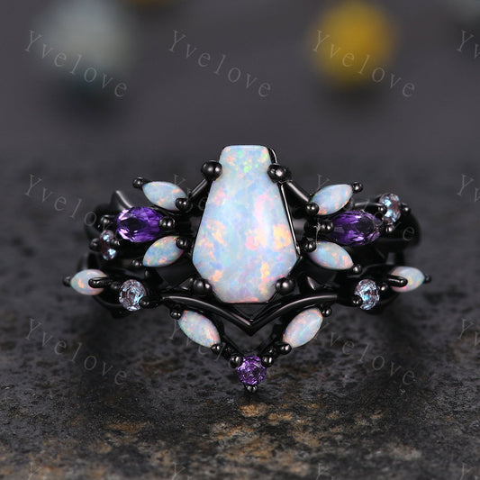 Vintage Coffin White Opal Engagement Ring Set,Black Gold,Vines Amethyst Opal Ring,Women Bridal Set,Unique Twig Anniversary Promise Ring Gift