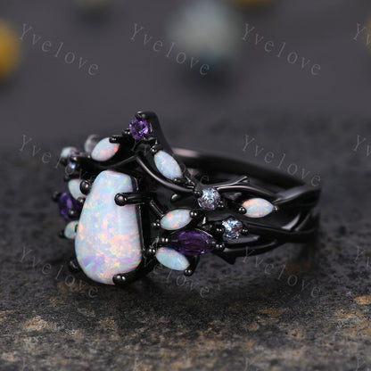 Vintage Coffin White Opal Engagement Ring Set,Black Gold,Vines Amethyst Opal Ring,Women Bridal Set,Unique Twig Anniversary Promise Ring Gift