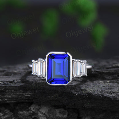 Emerald cut blue sapphire engagement ring white gold Minimalist bezel five stone baguette cut moissanite promise wedding ring women jewelry