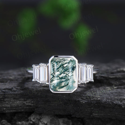 Bezel emerald cut green moss agate engagement ring solid 14k white gold five stone baguette cut moissanite anniversary ring women gift